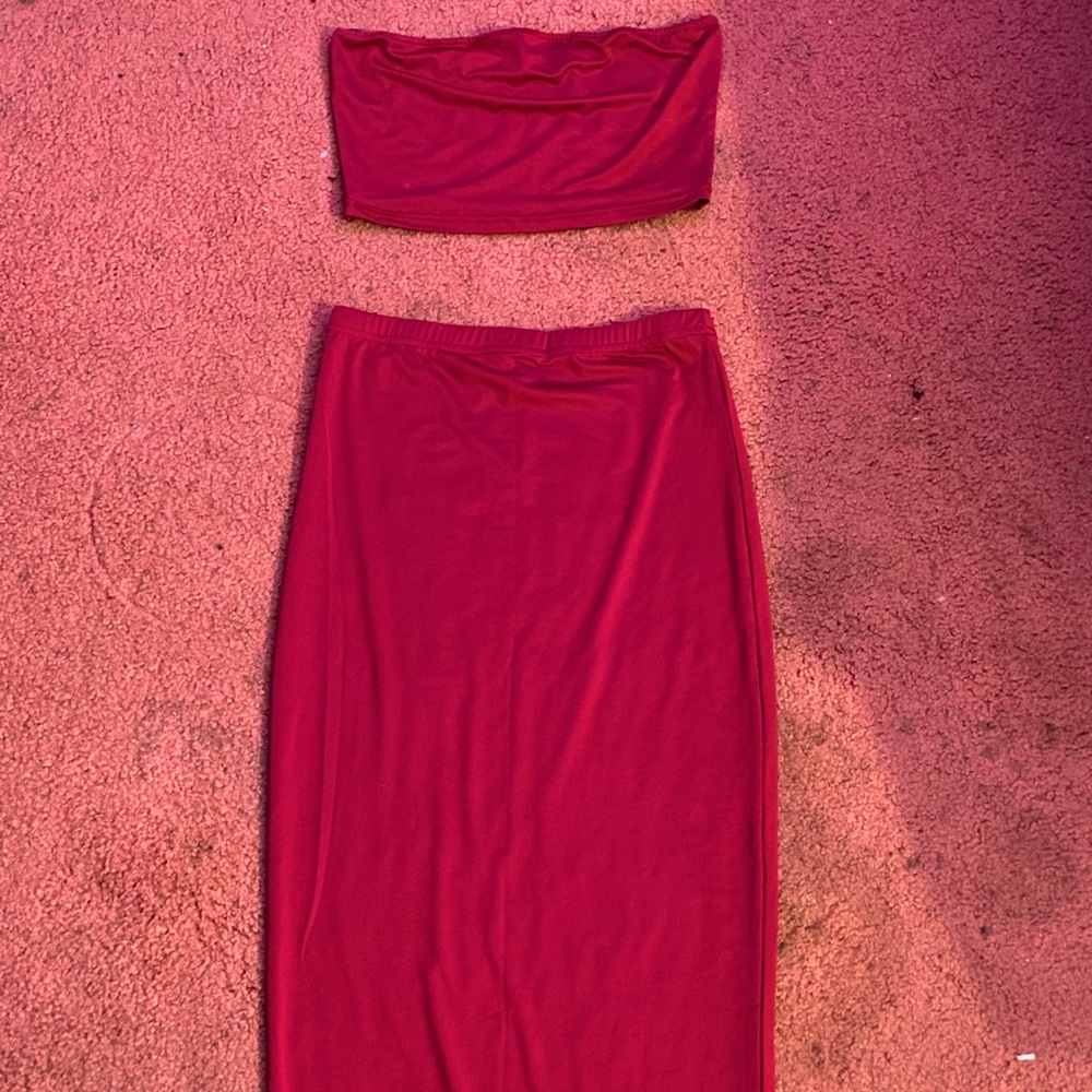 Two piece red bandeau top skirt set